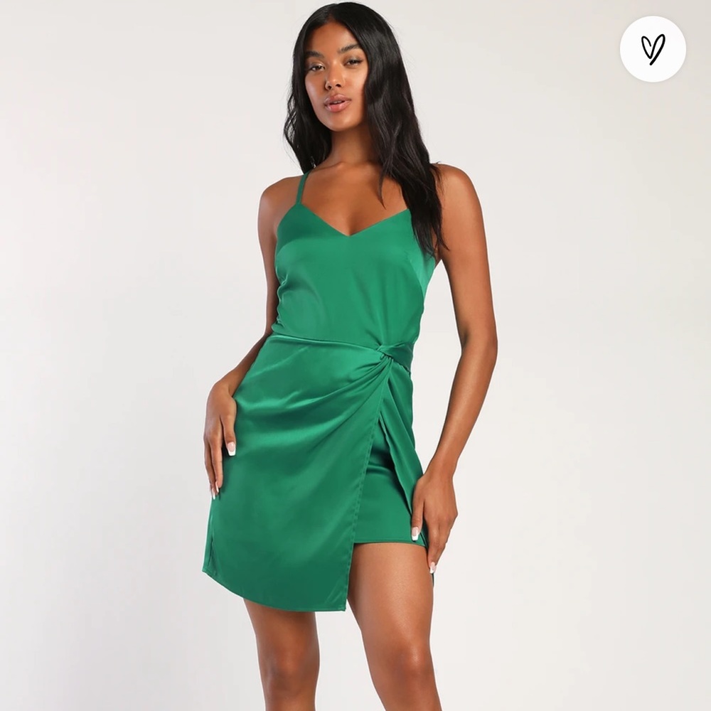 Lulus Always The Finest Satin Green Emerald Faux-Wrap Mini Dress